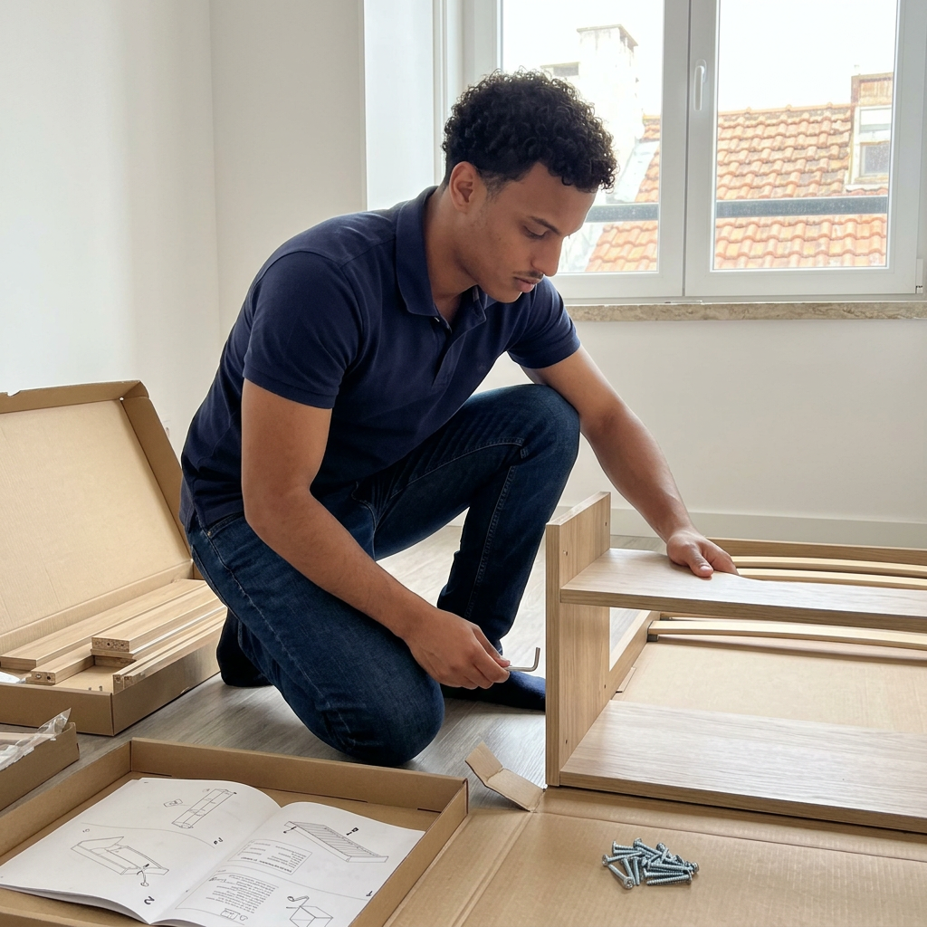 Fabricio assembling a bed frame from a flat-pack with tools