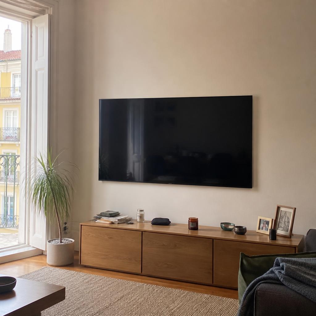 TV wall-mounted with hidden cables in a modern living room