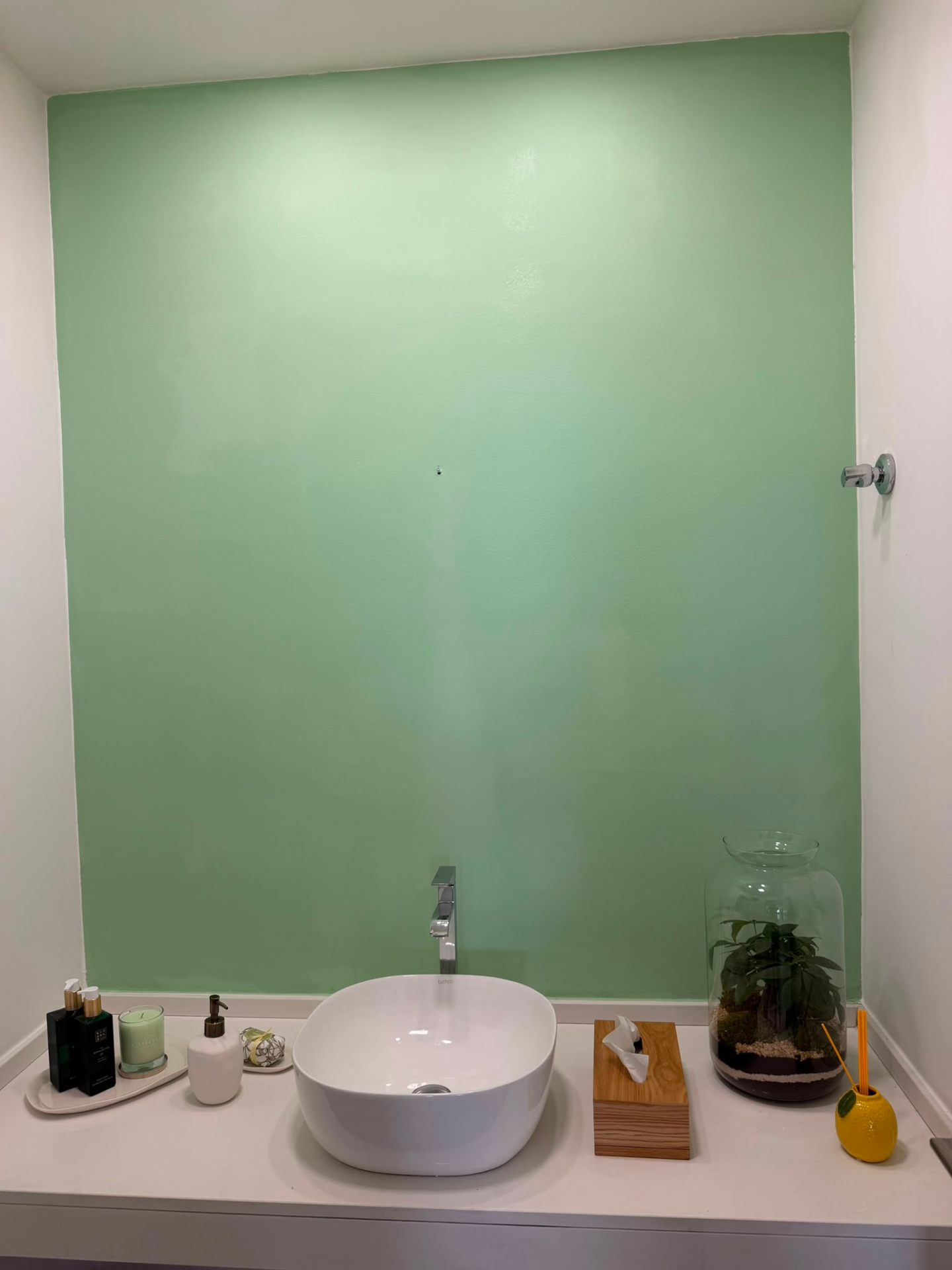 Feature wall painted in soft sage green in a bathroom